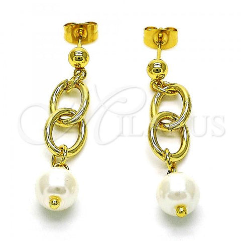 Oro Laminado Long Earring, Gold Filled Style Ball and Rolo Design, with Ivory Pearl, Polished, Golden Finish, 02.405.0001