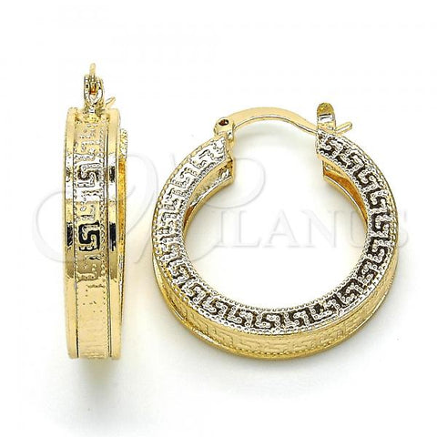 Oro Laminado Small Hoop, Gold Filled Style Greek Key Design, Polished, Golden Finish, 02.261.0030.25