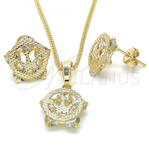 Oro Laminado Earring and Pendant Adult Set, Gold Filled Style Crown Design, with White Cubic Zirconia, Polished, Golden Finish, 10.106.0017