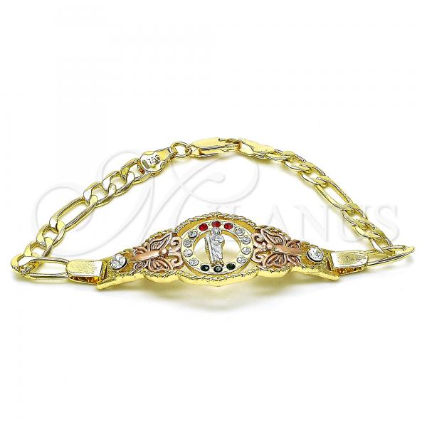 Oro Laminado Fancy Bracelet, Gold Filled Style San Judas and Figaro Design, with Garnet and Green Crystal, Polished, Golden Finish, 03.253.0075.07