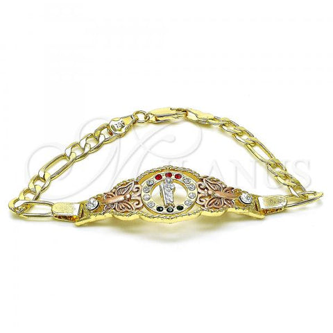 Oro Laminado Fancy Bracelet, Gold Filled Style San Judas and Figaro Design, with Garnet and Green Crystal, Polished, Golden Finish, 03.253.0075.07