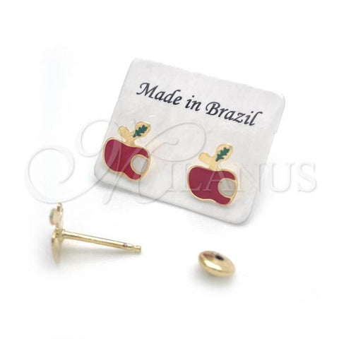 Oro Laminado Stud Earring, Gold Filled Style Apple Design, Red Enamel Finish, Golden Finish, 02.02.0502