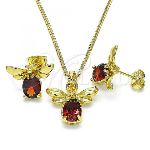 Oro Laminado Earring and Pendant Adult Set, Gold Filled Style Bee Design, with Garnet Crystal, Polished, Golden Finish, 10.379.0003.1