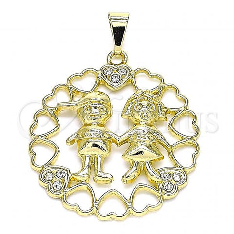 Oro Laminado Religious Pendant, Gold Filled Style Little Boy and Little Girl Design, with White Crystal, Polished, Golden Finish, 05.213.0113