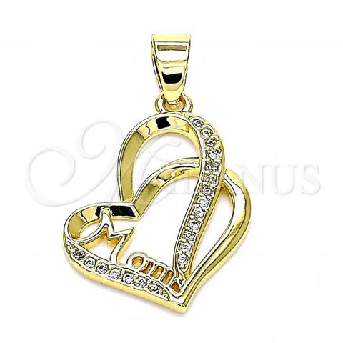 Oro Laminado Fancy Pendant, Gold Filled Style Mom and Heart Design, with White Micro Pave, Polished, Golden Finish, 05.102.0032