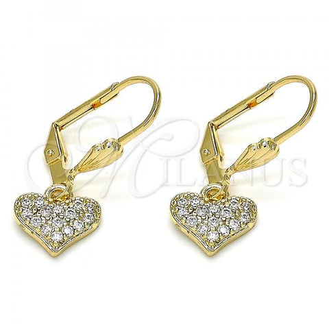 Oro Laminado Dangle Earring, Gold Filled Style Heart Design, with White Micro Pave, Polished, Golden Finish, 02.210.0345
