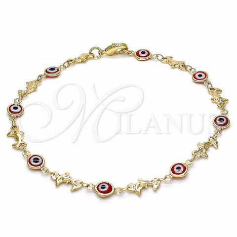 Oro Laminado Fancy Anklet, Gold Filled Style Evil Eye and Dolphin Design, Red Resin Finish, Golden Finish, 03.326.0009.1.10