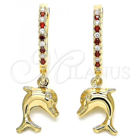 Oro Laminado Huggie Hoop, Gold Filled Style Dolphin Design, with Garnet Cubic Zirconia and White Crystal, Polished, Golden Finish, 02.63.2670.1.20