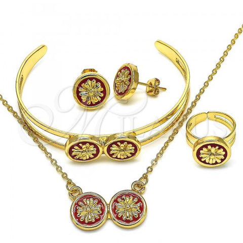 Oro Laminado Earring and Pendant Children Set, Gold Filled Style Flower Design, Red Enamel Finish, Golden Finish, 06.361.0004