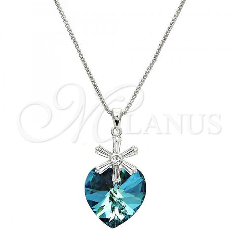 Rhodium Plated Pendant Necklace, Heart and Flower Design, with Bermuda Blue Swarovski Crystals and White Cubic Zirconia, Polished, Rhodium Finish, 04.239.0019.16