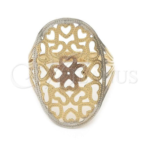 Oro Laminado Elegant Ring, Gold Filled Style Heart and Love Design, Polished, Tricolor, 01.32.0034.07 (Size 7)