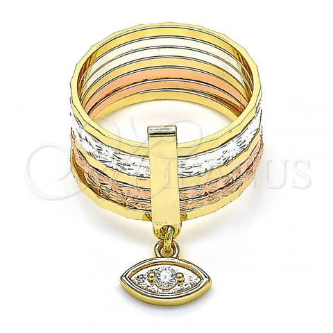 Oro Laminado Multi Stone Ring, Gold Filled Style Semanario and Evil Eye Design, with White Cubic Zirconia, Diamond Cutting Finish, Tricolor, 01.253.0033.08 (Size 8)