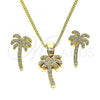 Oro Laminado Earring and Pendant Adult Set, Gold Filled Style Palm Tree Design, with White Micro Pave, Polished, Golden Finish, 10.193.0004