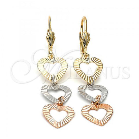 Oro Laminado Long Earring, Gold Filled Style Heart Design, Diamond Cutting Finish, Tricolor, 5.068.013
