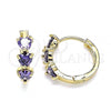 Oro Laminado Huggie Hoop, Gold Filled Style Heart Design, with Amethyst Cubic Zirconia, Polished, Golden Finish, 02.210.0614.2.15
