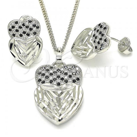 Rhodium Plated Earring and Pendant Adult Set, Heart Design, with Black and White Cubic Zirconia, Diamond Cutting Finish, Rhodium Finish, 10.233.0040.5