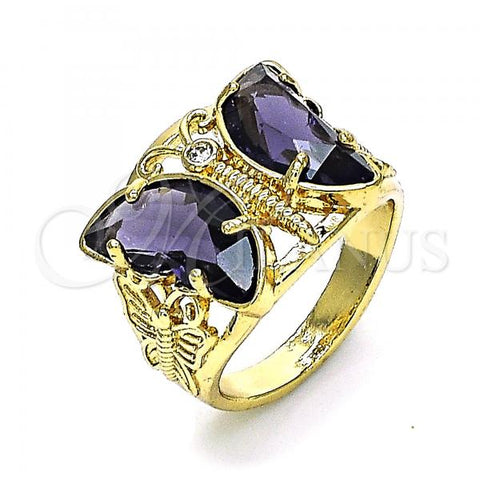 Oro Laminado Multi Stone Ring, Gold Filled Style Butterfly Design, with Amethyst and White Cubic Zirconia, Polished, Golden Finish, 01.380.0031.1.08