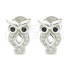 Sterling Silver Stud Earring, Owl Design, with Black and White Cubic Zirconia, Polished, Rhodium Finish, 02.336.0124