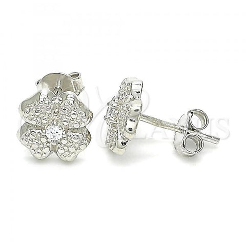 Sterling Silver Stud Earring, Four-leaf Clover Design, with White Cubic Zirconia, Polished, Rhodium Finish, 02.369.0038