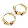 Oro Laminado Huggie Hoop, Gold Filled Style Evil Eye Design, with White Cubic Zirconia, Red Enamel Finish, Golden Finish, 02.213.0196.2.15