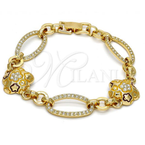 Oro Laminado Fancy Bracelet, Gold Filled Style Flower and Star Design, with White Crystal, Multicolor Enamel Finish, Golden Finish, 03.59.0069.08