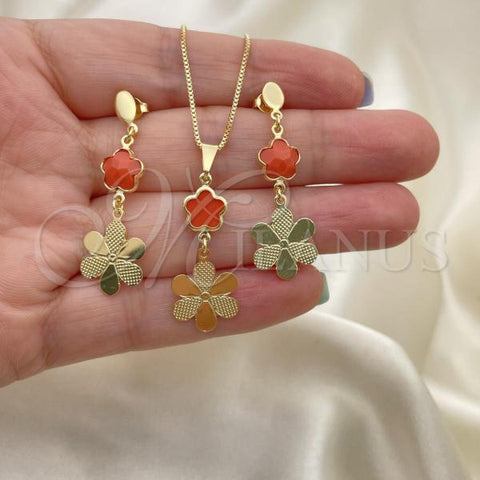 Oro Laminado Earring and Pendant Adult Set, Gold Filled Style Flower and Box Design, with Orange Opal, Resin Finish, Golden Finish, 10.58.0026