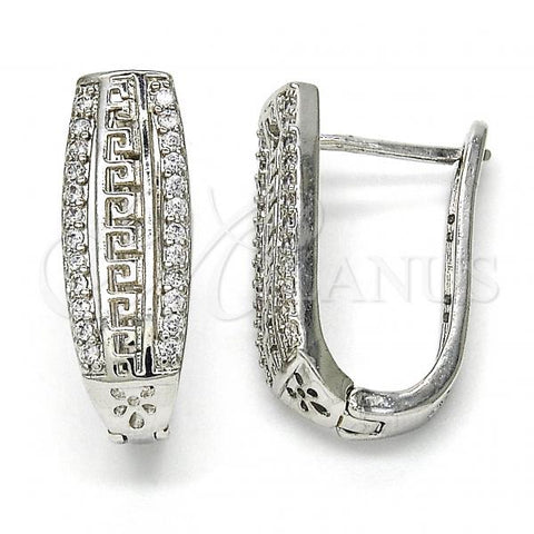 Rhodium Plated Huggie Hoop, Greek Key Design, with White Cubic Zirconia, Polished, Rhodium Finish, 02.217.0076.15