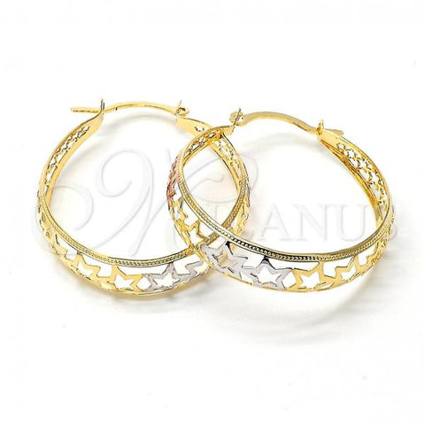 Oro Laminado Medium Hoop, Gold Filled Style Star Design, Polished, Tricolor, 106.021
