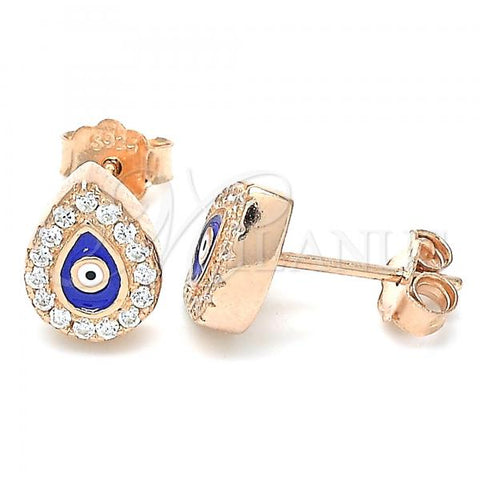 Sterling Silver Stud Earring, Teardrop and Evil Eye Design, with White Cubic Zirconia, Blue Enamel Finish, Rose Gold Finish, 02.336.0156.1