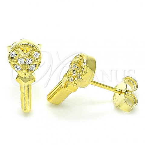 Sterling Silver Stud Earring, key and Heart Design, with White Cubic Zirconia, Polished, Golden Finish, 02.336.0175.2