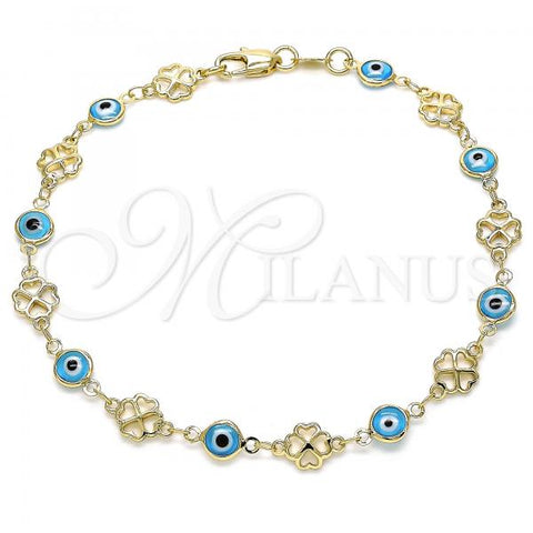 Oro Laminado Fancy Anklet, Gold Filled Style Evil Eye and Four-leaf Clover Design, Turquoise Resin Finish, Golden Finish, 03.326.0011.3.10