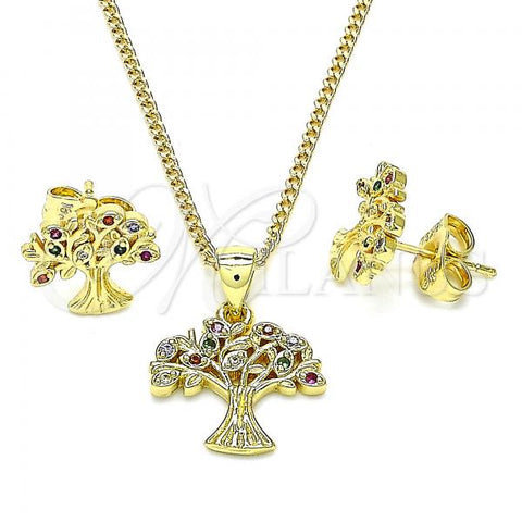 Oro Laminado Earring and Pendant Adult Set, Gold Filled Style Tree Design, with Multicolor Micro Pave, Polished, Golden Finish, 10.156.0399