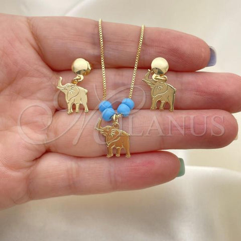 Oro Laminado Earring and Pendant Adult Set, Gold Filled Style Elephant and Box Design, with Aquamarine Opal, Polished, Golden Finish, 10.09.0042