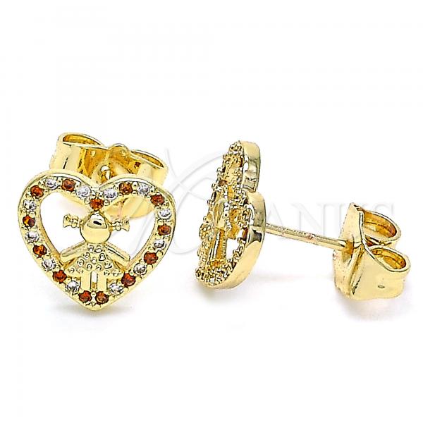 Oro Laminado Stud Earring, Gold Filled Style Heart and Little Girl Design, with Garnet and White Micro Pave, Polished, Golden Finish, 02.156.0331.1