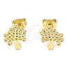 Oro Laminado Stud Earring, Gold Filled Style Tree Design, with White Micro Pave, Polished, Golden Finish, 02.156.0452