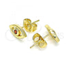 Oro Laminado Stud Earring, Gold Filled Style Evil Eye Design, with Garnet Cubic Zirconia, Polished, Golden Finish, 02.156.0605.1