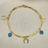 Oro Laminado Charm Anklet , Gold Filled Style Evil Eye and Figaro Design, Polished, Golden Finish, 03.32.0601.10