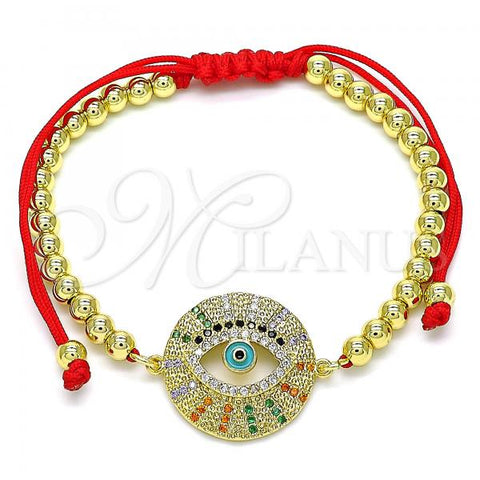 Oro Laminado Adjustable Bolo Bracelet, Gold Filled Style Evil Eye and Ball Design, with Multicolor Micro Pave, Turquoise Enamel Finish, Golden Finish, 03.381.0024.10