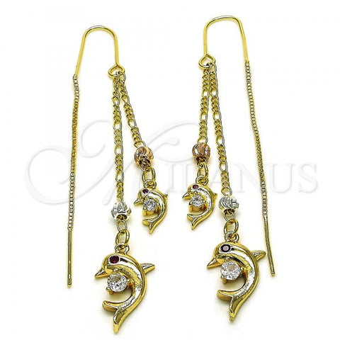 Oro Laminado Threader Earring, Gold Filled Style Dolphin Design, with White and Ruby Cubic Zirconia, Polished, Tricolor, 02.253.0059