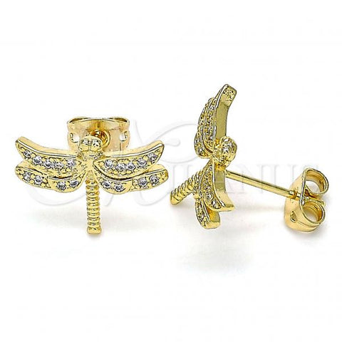 Oro Laminado Stud Earring, Gold Filled Style Dragon-Fly Design, with White Micro Pave, Polished, Golden Finish, 02.342.0072
