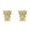 Oro Laminado Stud Earring, Gold Filled Style Owl Design, with White and Ruby Micro Pave, Polished, Golden Finish, 02.342.0171