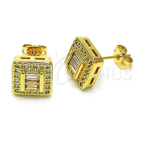 Oro Laminado Stud Earring, Gold Filled Style Baguette Design, with White Micro Pave and White Cubic Zirconia, Polished, Golden Finish, 02.342.0307