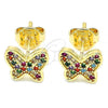 Oro Laminado Stud Earring, Gold Filled Style Butterfly Design, with Multicolor Micro Pave, Polished, Golden Finish, 02.233.0013