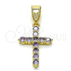 Oro Laminado Religious Pendant, Gold Filled Style Cross Design, with Amethyst Cubic Zirconia, Polished, Golden Finish, 05.253.0182.1