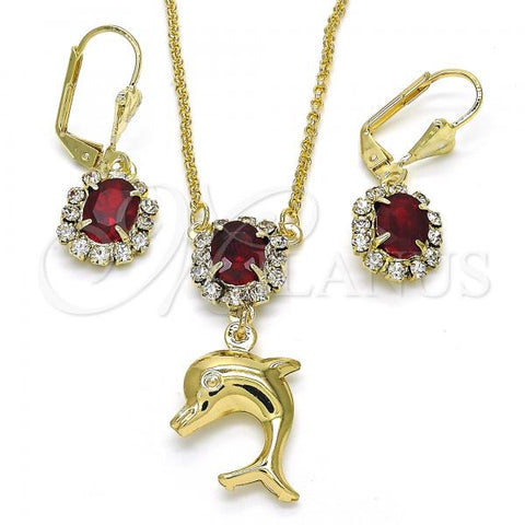 Oro Laminado Earring and Pendant Adult Set, Gold Filled Style Dolphin Design, with Garnet and White Crystal, Polished, Golden Finish, 10.122.0008