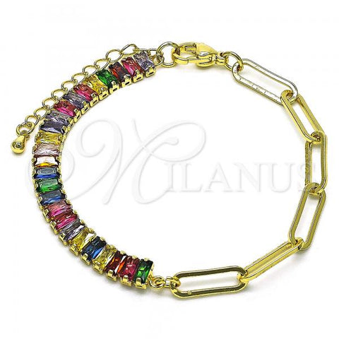 Oro Laminado Fancy Bracelet, Gold Filled Style Paperclip Design, with Multicolor Cubic Zirconia, Polished, Golden Finish, 03.341.0169.2.07