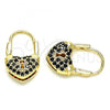Oro Laminado Small Hoop, Gold Filled Style Lock and Heart Design, with Black Micro Pave, Polished, Golden Finish, 02.341.0056.4.12
