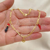 Oro Laminado Charm Anklet , Gold Filled Style Chili and Figaro Design, with Black Azavache, Polished, Golden Finish, 03.32.0599.10
