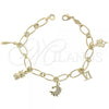 Oro Laminado Charm Bracelet, Gold Filled Style Cat and Flower Design, Polished, Golden Finish, 5.020.009.1