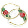 Oro Laminado Large Hoop, Gold Filled Style Flower Design, Red Enamel Finish, Golden Finish, 02.380.0007.50